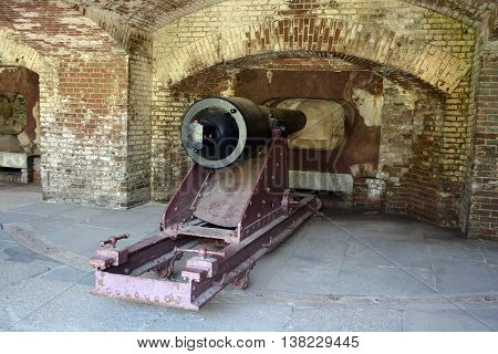 CHARLESTON SC 06 25 2016: Canon Fort Sumter is a sea fort in Charleston notable for 2 battles of the American Civil War. was one of a number of many special forts planned after the War of 1812