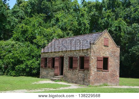 CHARLESTON SOUTH CAROLINA JUNE 28 2016: Slave cabins in Boone Hall Plantation in Mount Pleasant, the slave houses are insightful, and the Gullah Culture explanation is informative