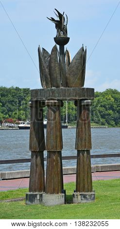 SAVANNAH GEORGIA USA 06 28 2016: Cauldron was lit at the opening ceremonies on July 20, 1996, and burned throughout the Centennial Olympic Games in Savannah, site of the Olympic Yachting events.