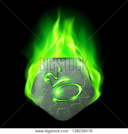 Mysterious pentagonal stone with magic rune in green flame