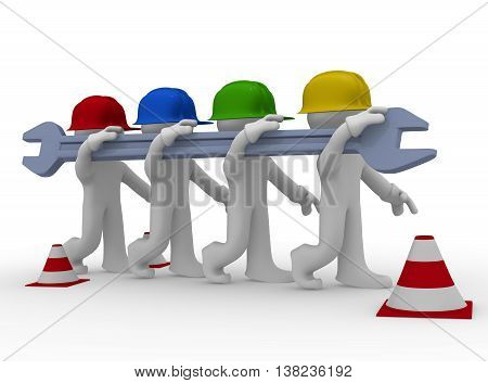 Four construction worker with different colors with a wrech service concept 3d rendering