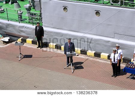 Odesa, Ukraine - July 03, 2016: Ukrainian president Petro Poroshenko at the pier of Odesa's port. Navy day celebration in Odesa