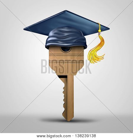 Education key symbol representing learning success or graduating student metaphor as a tool to open a lock object as a 3D illustration.