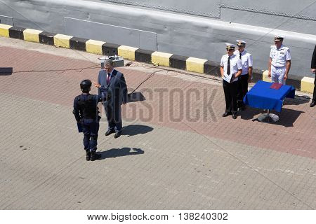 Odesa, Ukraine - July 03, 2016: President of Ukraine Petro Poroshenko awards sailors and soldiers on the pier of the Odessa port. Navy day celebration in Odesa