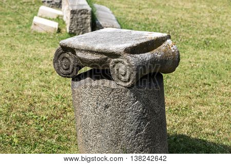 ROME, ITALY - JUNE 12, 2015: Ancient Roman column in the ruins of the Baths of Diocletian in Rome Italy