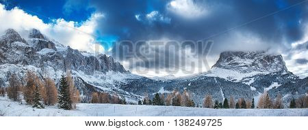 Landscape on the Sella Group and Sassolungo seen from the street of the Sella Pass- Dolomiti Trentino-Alto Adige