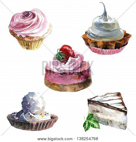 Watercolor set of 5 sweet cakes. Hand drawn painting.