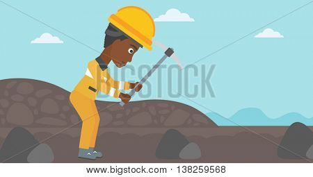 An african-american female miner working with a pickaxe. Mine worker in hard hat. Miner at the coal mine. Vector flat design illustration. Horizontal layout.