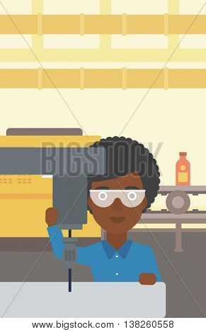 An african-american woman working on milling machine at workshop. Woman using milling machine at factory. Woman making a hole using a milling machine. Vector flat design illustration. Vertical layout.