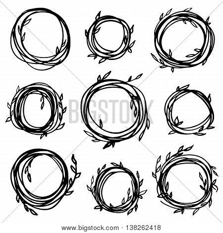 Original vintage frames - set of 9 hand drawn branches. Retro wreath for your design