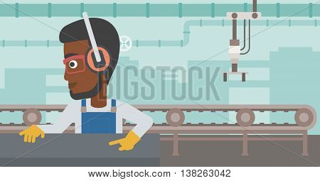An african-american man working on metal press machine. Worker in headphones operating metal press machine at factory workshop. Vector flat design illustration. Horizontal layout.