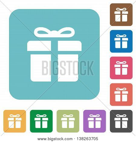 Flat gift box symbol icons on rounded square color backgrounds.