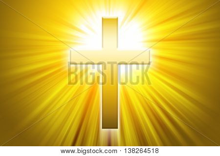 Golden latin cross with sunbeams. Christian cross, the symbol of Christianity, also called  Roman cross in front of beams of light.