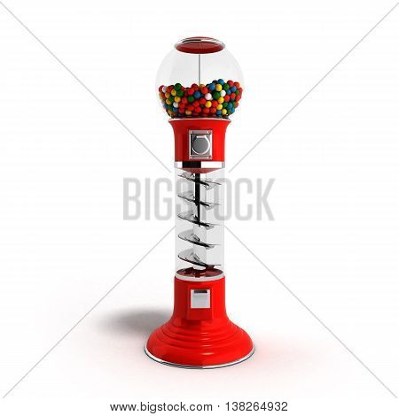 A Regular Red Vintage Gumball Dispenser Machine Made Of Glass And Reflective Plastic With Chrome Tri