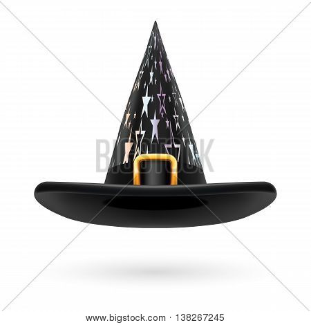 Black witch hat with golden buckle hatband and silver stars ornament
