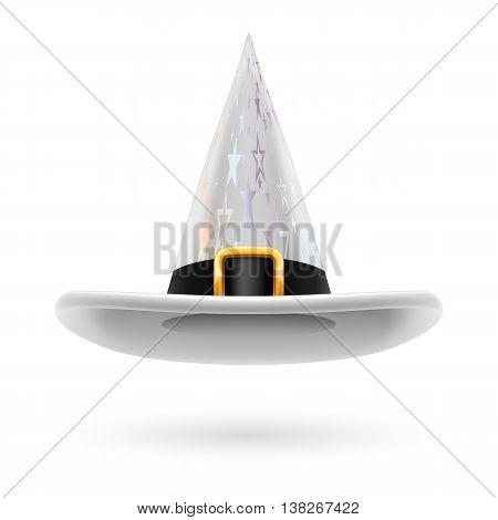 White witch hat with golden buckle hatband and silver stars ornament