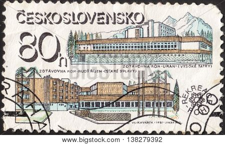 MOSCOW RUSSIA - JANUARY 2016: a post stamp printed in CZECHOSLOVAKIA shows the Uran and Red October Hotels the series 