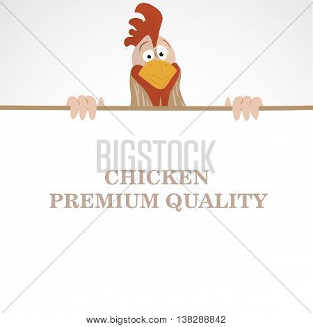 Cartoon funny rooster looking out from empty banner
