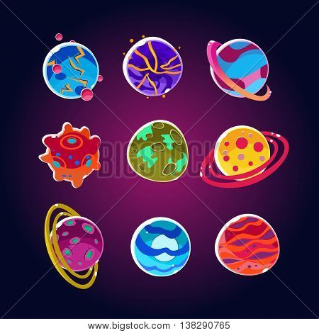 Comic Planets And Space Asteroids Set. Illustration of a set of various comic planets, moons, asteroid and alien earth globes