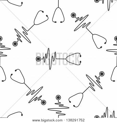 Stethoscope with a heart beat icon seamless pattern on white background. Vector Illustration