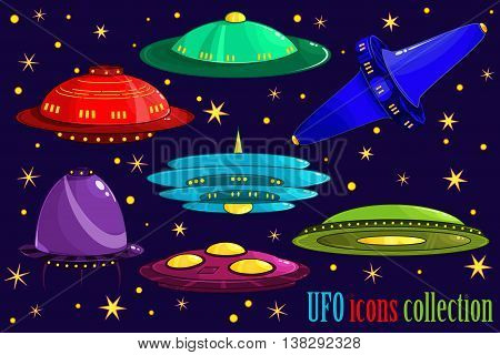 Flying Saucer, Spaceship And Ufo Set. Illustration Of A Set Of Cartoon Funny Ufo, Unidentified Space