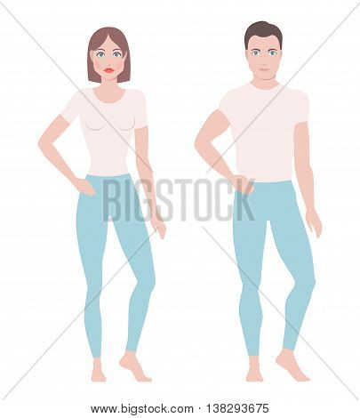 Vector illustration of man and woman figures standing in simple clothes, model figures, abstract people