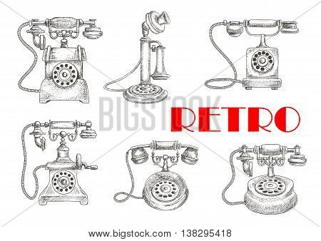 Sketch of retro or vintage telephones with rotary dial and old candlestick, earphone and switchhook. Obsolete and classic technology for communication and talking connected by wire via landline