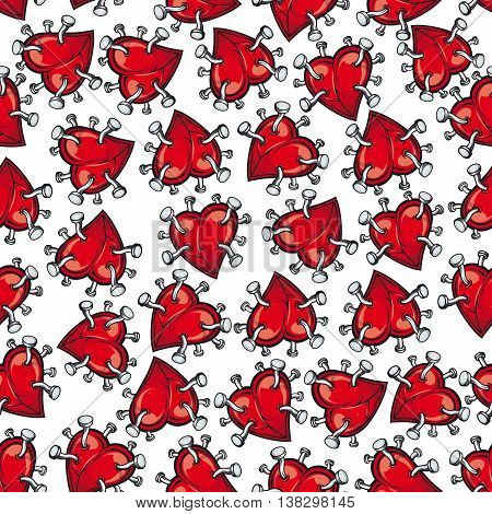 Pinned or nailed cartoon red heart seamless pattern isolated on white. Concept of relationships break or divorce, broken love or passion, heartbreak or heartache, emotion discomfort and sadness or sorrow.