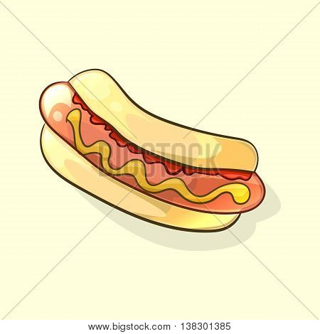 Tasty hot dog in cartoon style for junk food or healthy nutrition concept design. Vector illustration