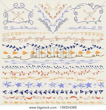 Hand drawn lines border frame branch arrows and other design elements. Retro colors. Illustration vector. Can be use as decoration.