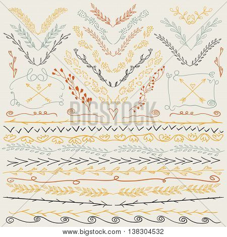 Hand drawn lines border branch arrows and other design elements. Retro colors. Illustration vector. Can be use as decoration.