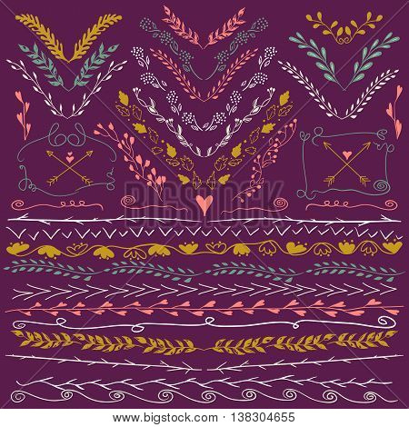 Hand drawn lines border frame branch arrows and other design elements. Violet backdrop. Illustration vector. Can be use as decoration.