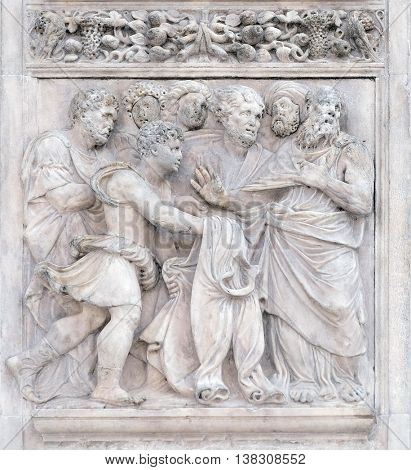 BOLOGNA, ITALY - JUNE 04: The brothers show Joseph's clothes to Jacob, panel by Girolamo da Trevisio on the right door of San Petronio Basilica in Bologna, Italy, on June 04, 2015