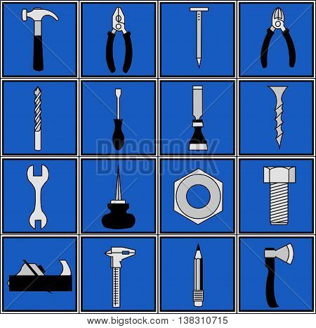 logotypes in the form of various metalwork and carpentry tools