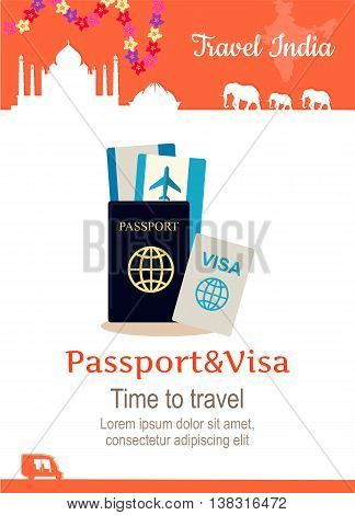Travel India conceptual poster in flat style design. Summer vacation in exotic countries illustration. Journey to India vector template. Traveller documents concept.