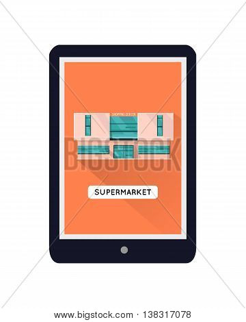 Shopping centre web page template on mobile device. Flat design. Illustration for web design, app icons, online shopping banners. Shop, shopping center, mall, supermarket, business center on screen