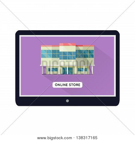 Shopping centre web page template on mobile device. Flat design. Illustration for web design, app icons, online shopping banners. Shop, shopping center, mall, supermarket, business center on screen