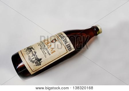 Kyznetsovsk, Ukraine - July 09, 2016: Bottle Of Old Azerbaijan Wine Agdam White Port, Circa 1980
