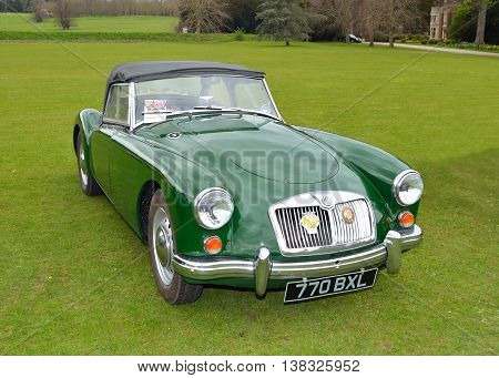 Saffron Walden, Essex, England - April 24, 2016: Classic green MG A Sports motor car.