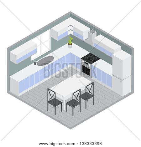 Isometric home dining room with white blue cupboards and cabinets table chairs grey walls plant vector illustration