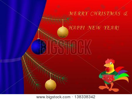 rooster year new year card Christmas tree vector Christmas balls red background holiday fun