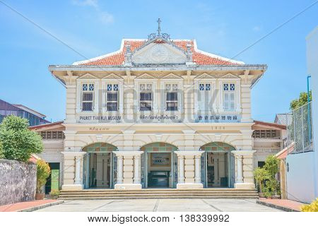Phuket Thai Hua museum taken on 20 March 2016. Museum about Phuket foundation in the Thai-Chinese style building with the partly cloud sky at Phuket Thailand.