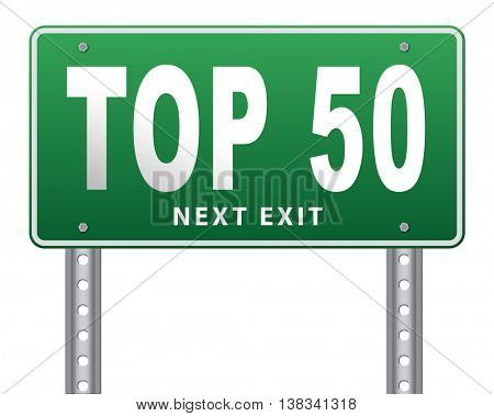 top 50 charts list pop poll result and award winners chart ranking music hits best top fifty quality rating prize winner road sign, 3D illustration, isolated, on white