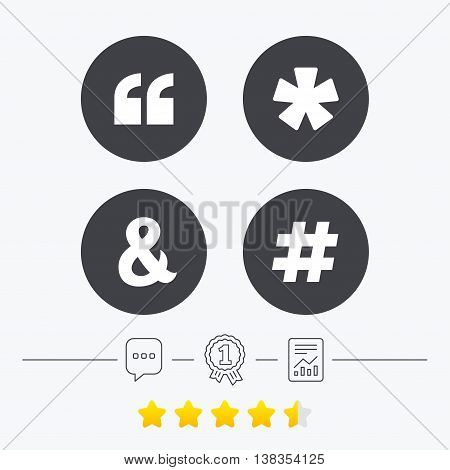 Quote, asterisk footnote icons. Hashtag social media and ampersand symbols. Programming logical operator AND sign. Chat, award medal and report linear icons. Star vote ranking. Vector