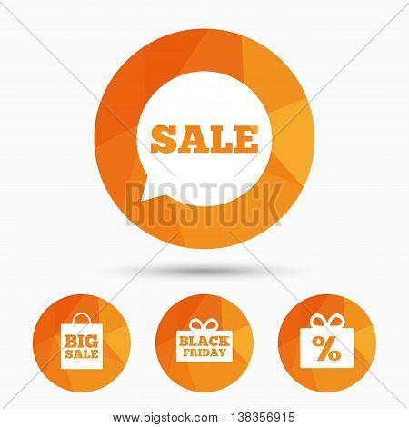 Sale speech bubble icon. Black friday gift box symbol. Big sale shopping bag. Discount percent sign. Triangular low poly buttons with shadow. Vector