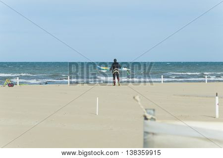 Cervia Italy 30th April 2016: Professionist engages in kite surfing in the Adriatic Sea