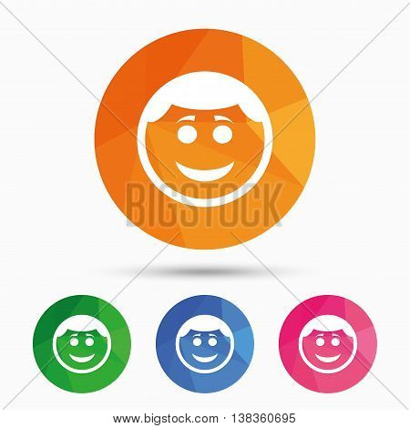 Smile face sign icon. Happy smiley with hairstyle chat symbol. Triangular low poly button with flat icon. Vector