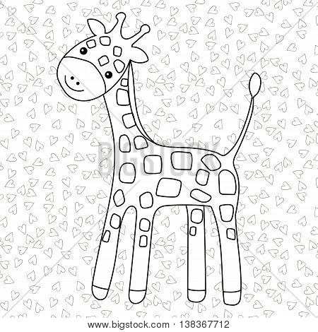 Coloring page Little cute giraffe stands and smiles with hearts on background for kid colouring book. Vector illustration.