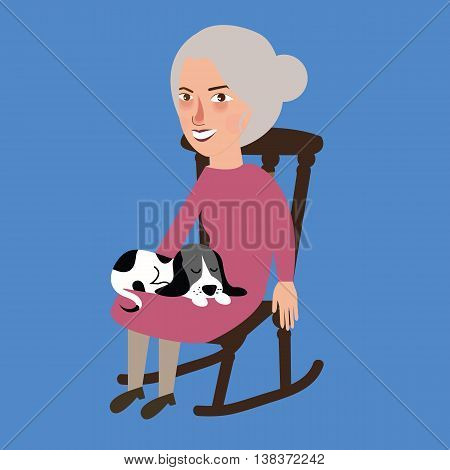 old lady woman senior with cat sleeping in her lap sitting in chair vector