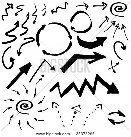 Pointers, arrows and other signs. Vector image in black and white. Doodle ink, hand drawn.